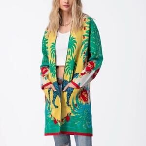 Essitam Colorful Long Length Knit Jacquard Cardigan Luna Blue Panther Medium